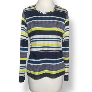 DKNY Striped Blouse Top Women M Long Sleeve Crew Neck Blue Yellow Stretch